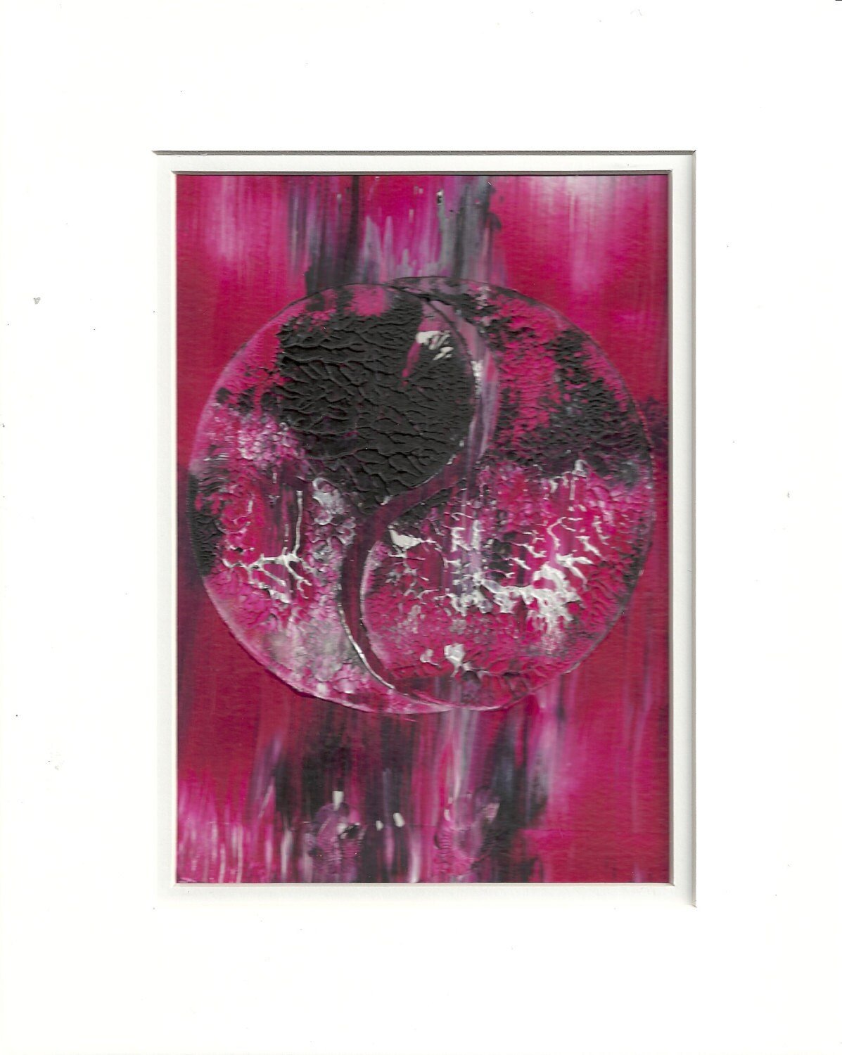 Yin Yang Abstract Acrylic Painting: Pink, White & Black - 5x7 in Mat