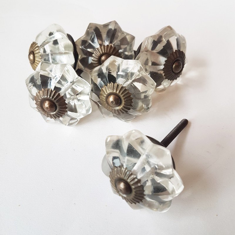 6 Crystal clear glass cabinet knobs vintage style bronze accents.  Drawer pulls, cupboard and wardrobe knobs. 1.75 inch. Easy decor fix.