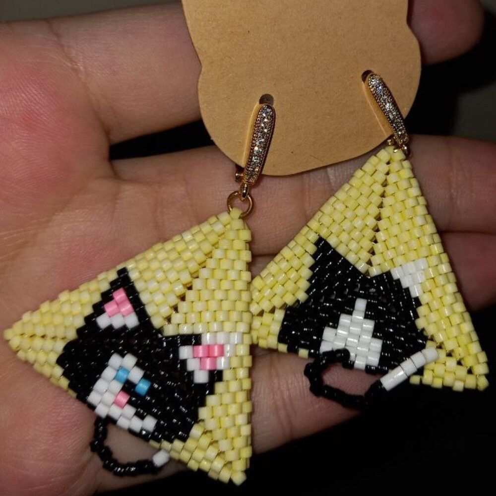 Luxury Thomas the Cat  Double-Sided Beaded Earrings • 18K Gold Plated •3D Tail