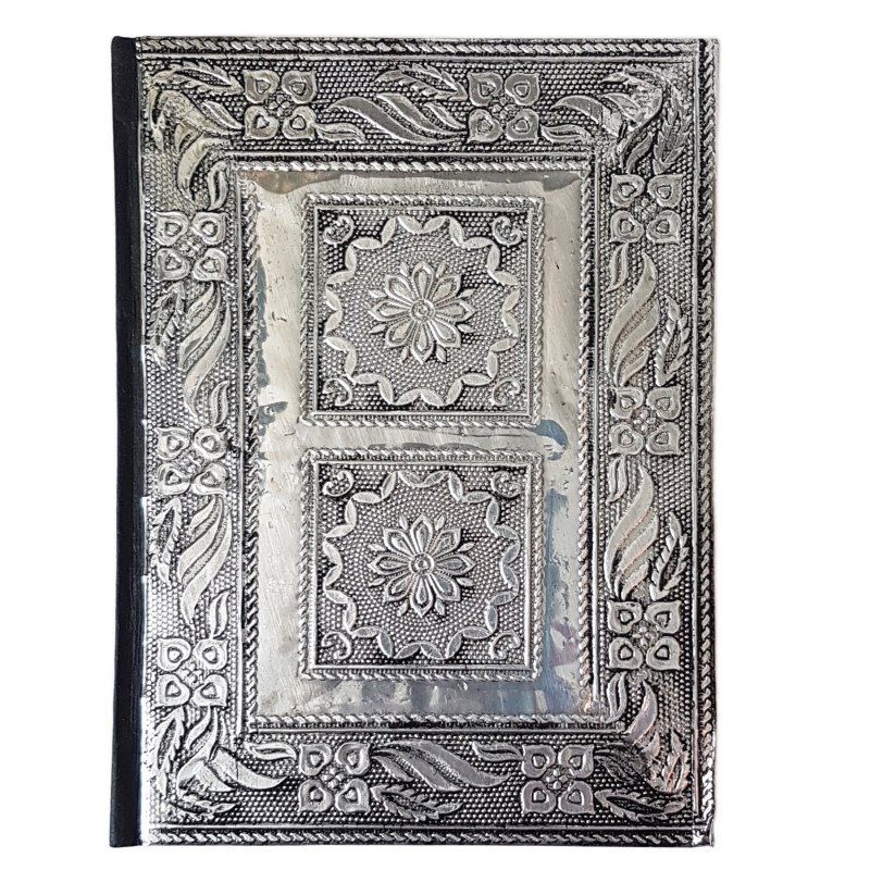 Medieval silver metal journal 5 by 7 inch. Antique embossed hardcover design. For drawing, record keeping, personal diary, creative writing.