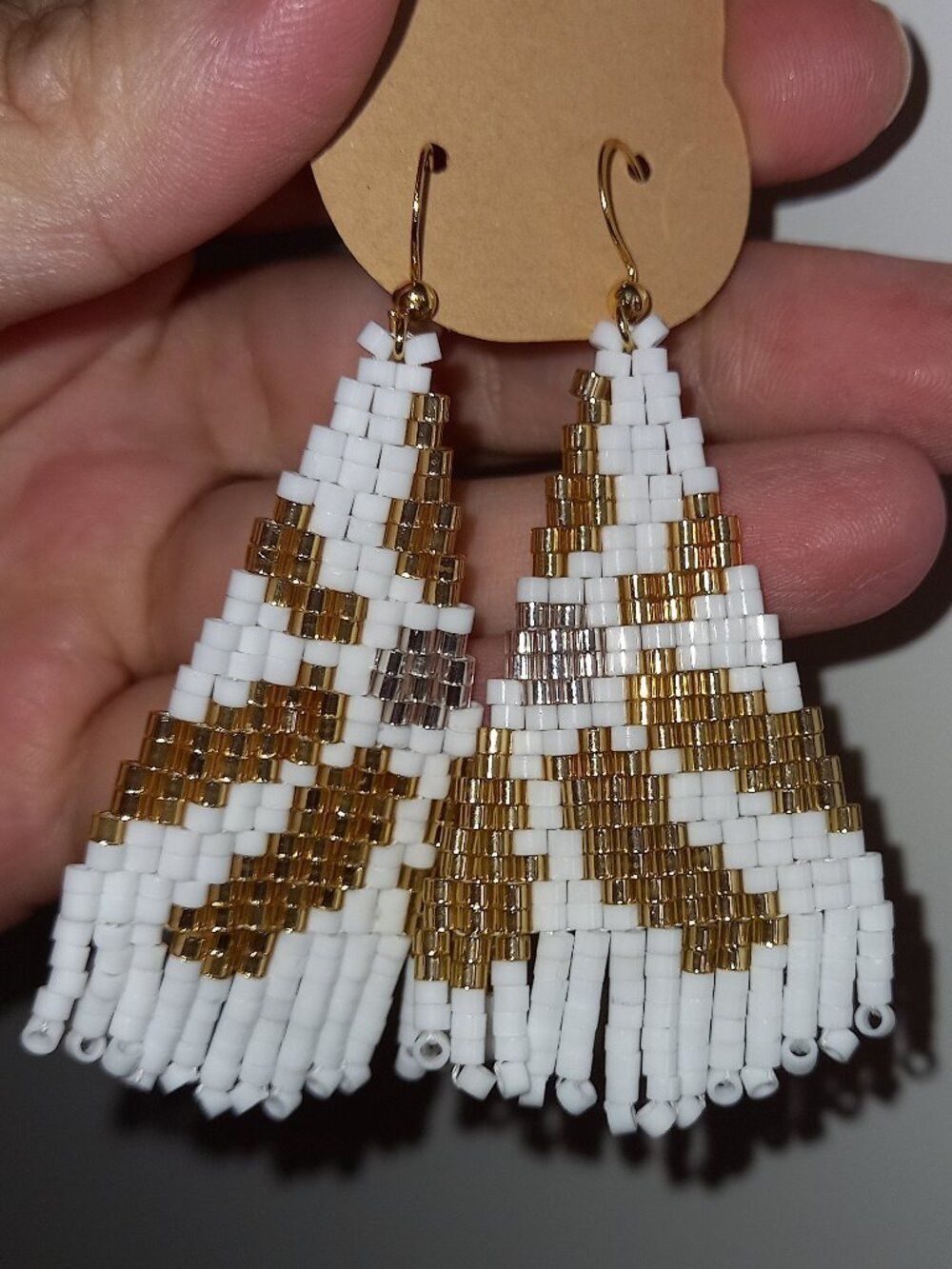Handmade Beaded Fringe Earrings Gold White Silver Geometric