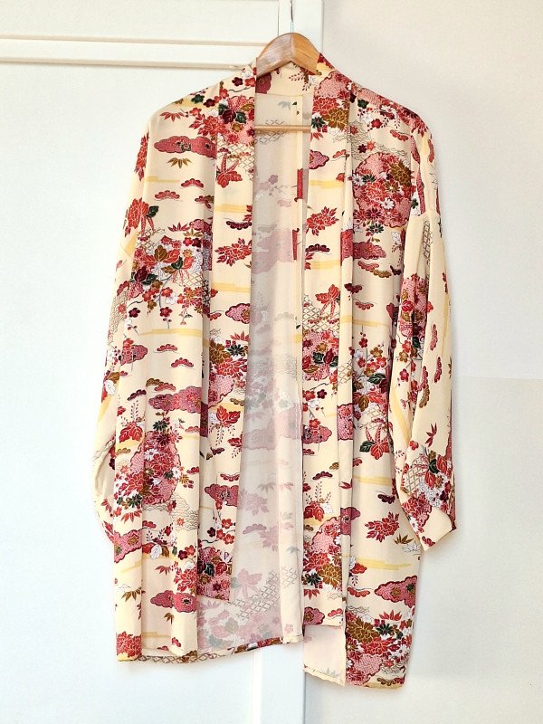 Kimono Silk Jacket with Red Belt Upcycled Japanese Haori Floral Robe