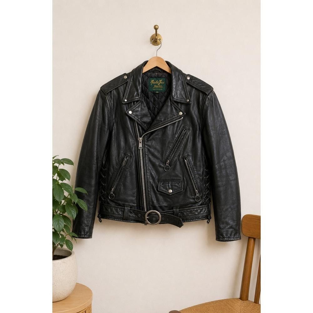 Vintage Canadian Women Black Leather Biker Jacket Moto Motorcycle Lace Up Bomber