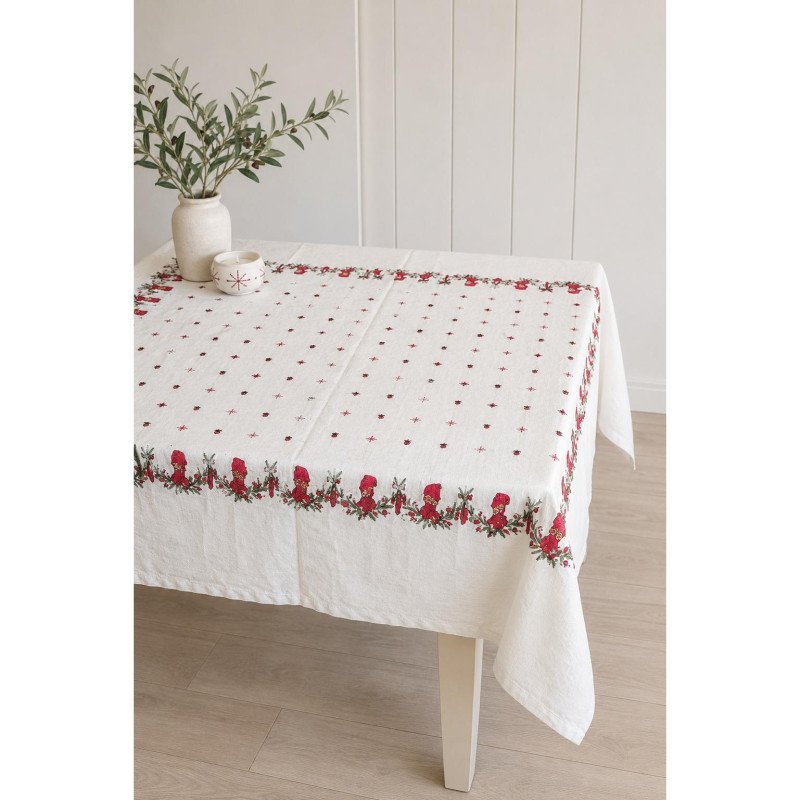 Vintage White Linen Christmas Tablecloth Elves Snowflakes Baubles Holiday Decor