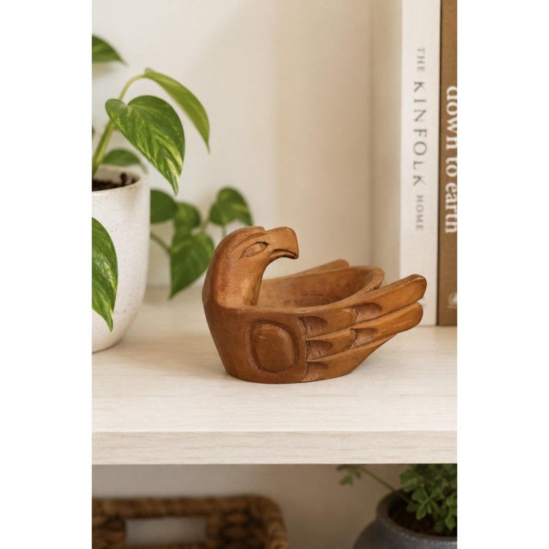 Vintage Hand Carved Cedar Eagle Bowl Northwest Coast Style Wood Folk Art Decor