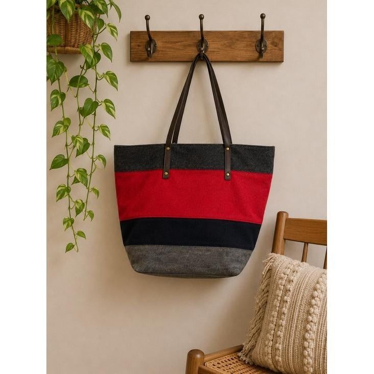 Tommy Hilfiger Rare Wool Color Block Structured Satchel Tote Preppy Heritage Bag