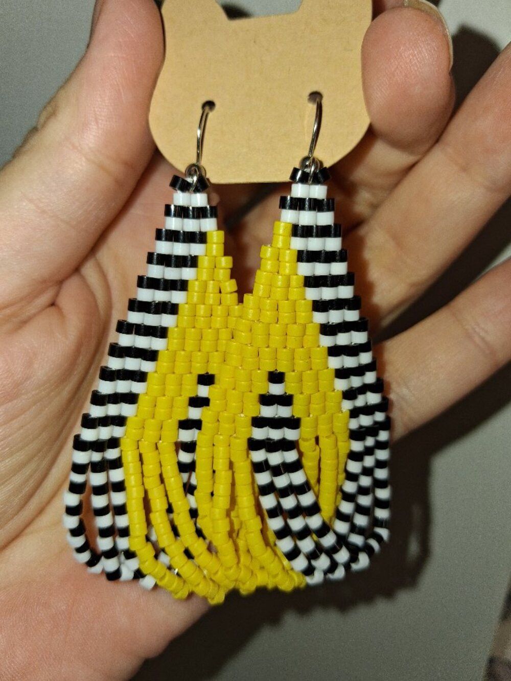 Handcrafted Geometric Beaded Earrings - Bold Yellow, Black & White Statement J