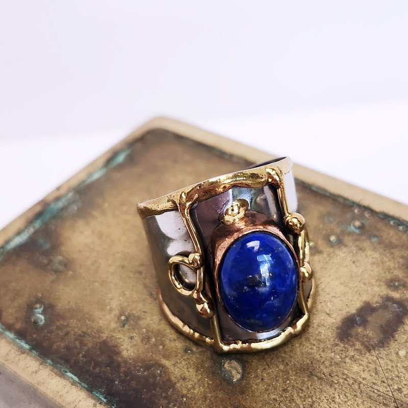 Silver Artisan Handmade Lapis Lazuli Gemstone Ring. Adjustable Fit. Medieval Aesthetic Poured Brass Overlay Motif. Unique & One of a Kind.