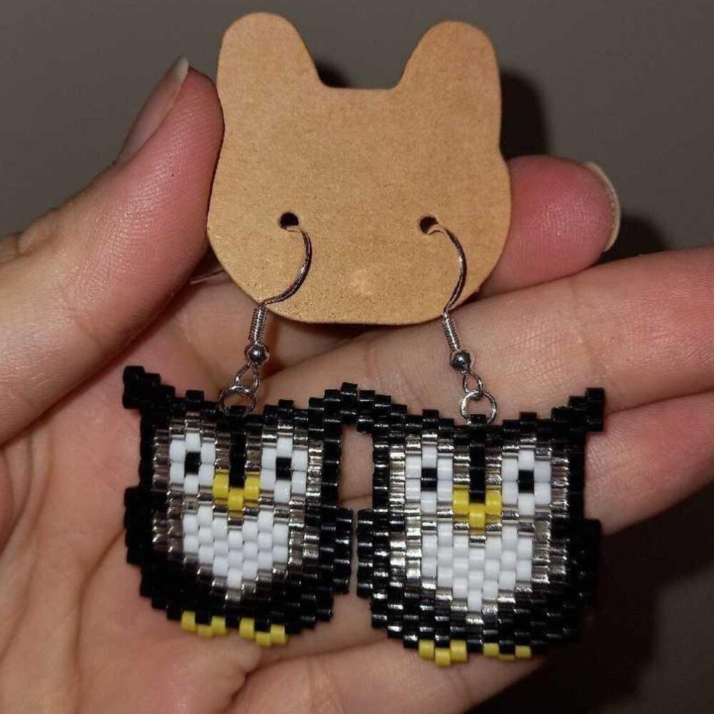 Handmade Beaded Owl Earrings - Silver Plated Hooks