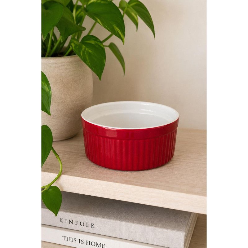 Vintage Emile Henry Red Souffle Dish French Stoneware Ribbed Baking Dish Cooking