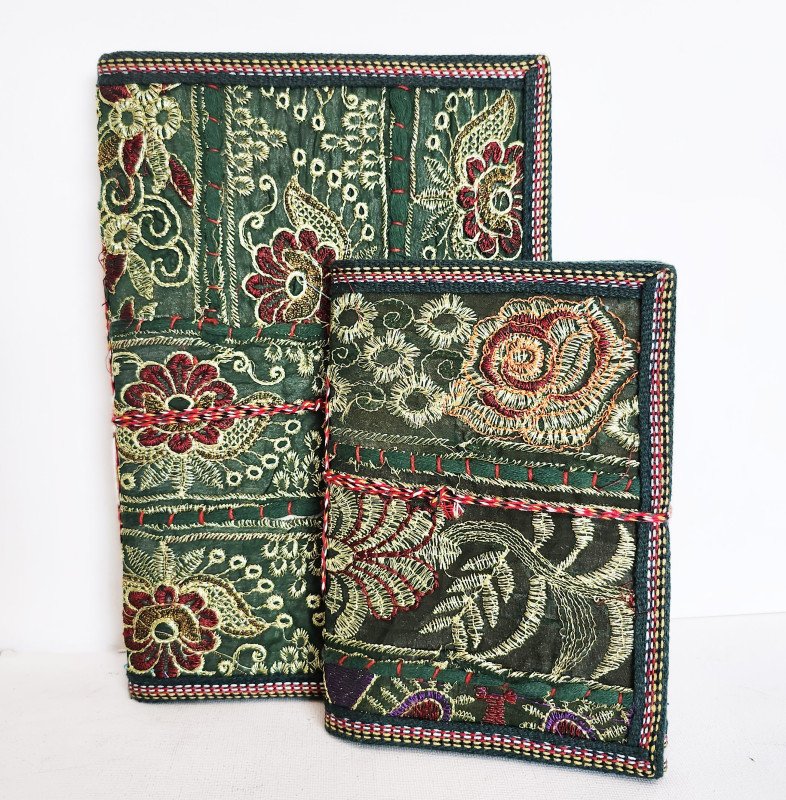 Set of 2 Green & Rust Handmade Journals with Unique Textile Art Collage Covers. Color Coordinated Pair of 10 and 7 inch Blank Books.