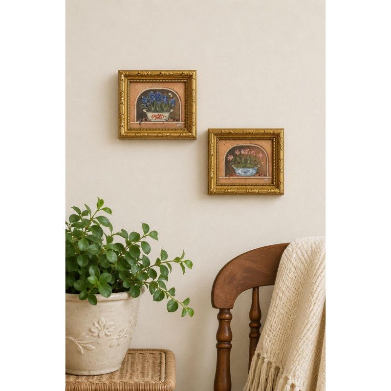 Vintage Miniature Floral Art Prints Gold Ornate Frames Set of 2 Tulips Hyacinth