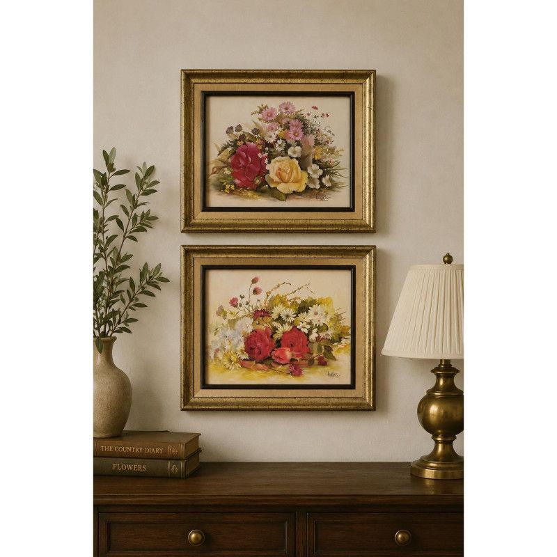 Vintage Floral Framed Prints Gold Botanical Roses Daisies Wall Decor Flower Art