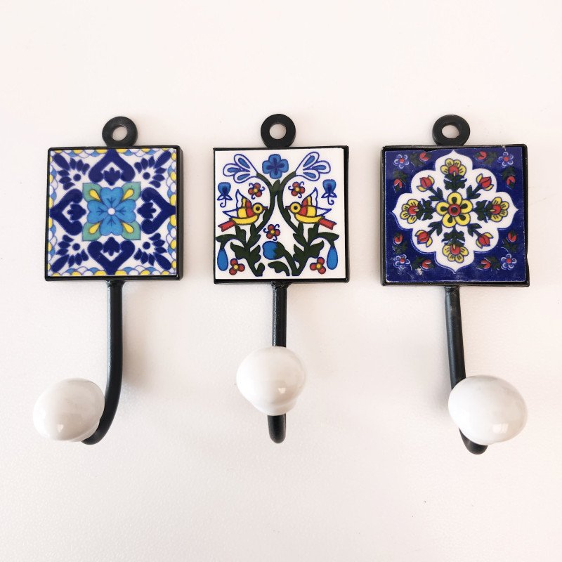 Set of 3 Home Decor Wall Hooks in Blue, White & Yellow. Birds and Flowers Aesthetic. Kitchen Cups, Mugs, Towels, Aprons, Oven Mitts, Tools.