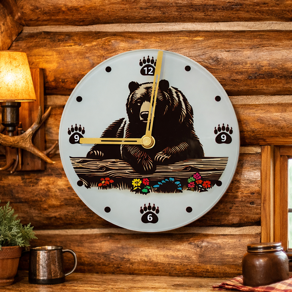 Black Bear Glass Wall Clock - 8 inch