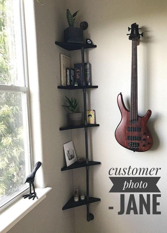 Industrial Corner Pipe Shelf, Rustic Wood Stain, Space Saving Decor