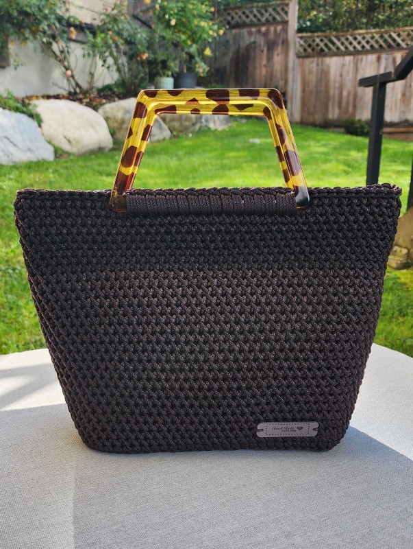 Handcrafted Coffee Color Crochet Tote Bag / Plastic Handles / Unique Design