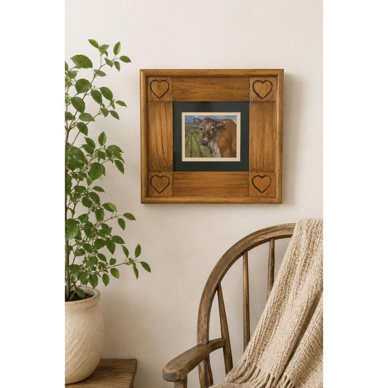 Vintage Rustic Cow Print Framed Wall Art Farmhouse Country Cottage Cedar Hearts