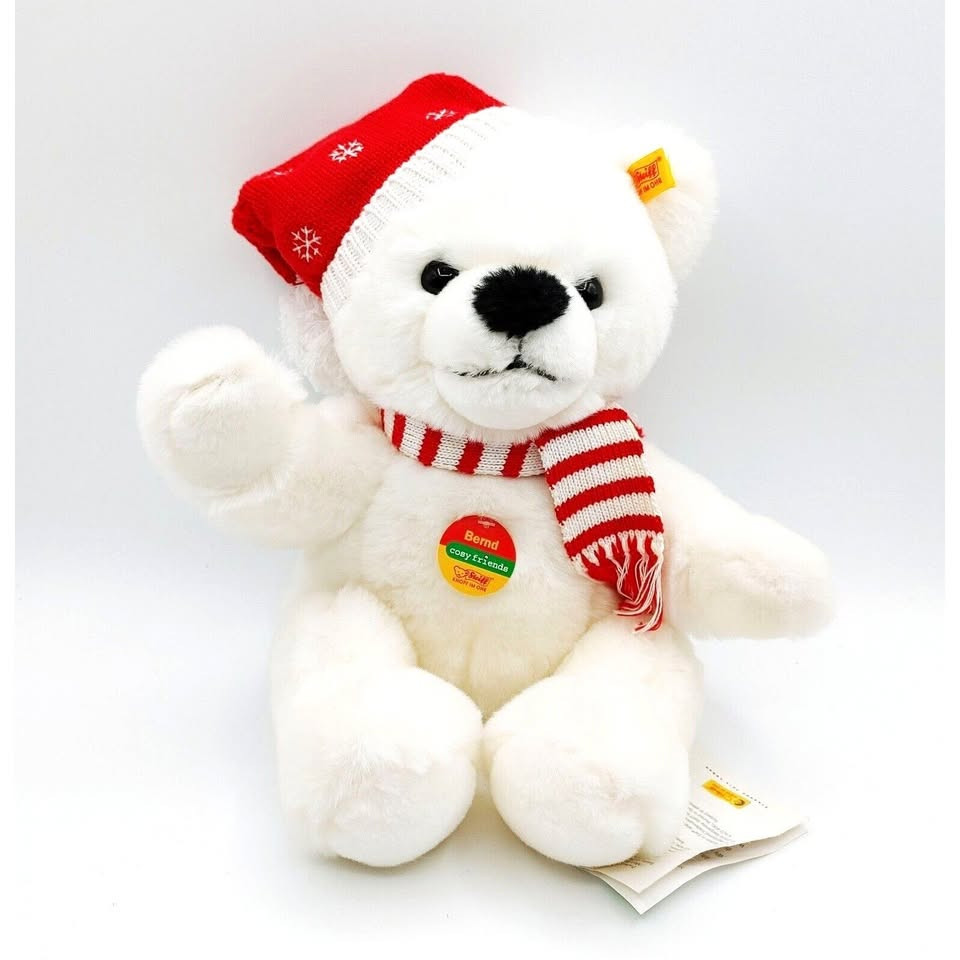 STEIFF COSY FRIENDS "BERND" 14" WHITE TEDDY BEAR WITH HOLIDAY SCARF #662355