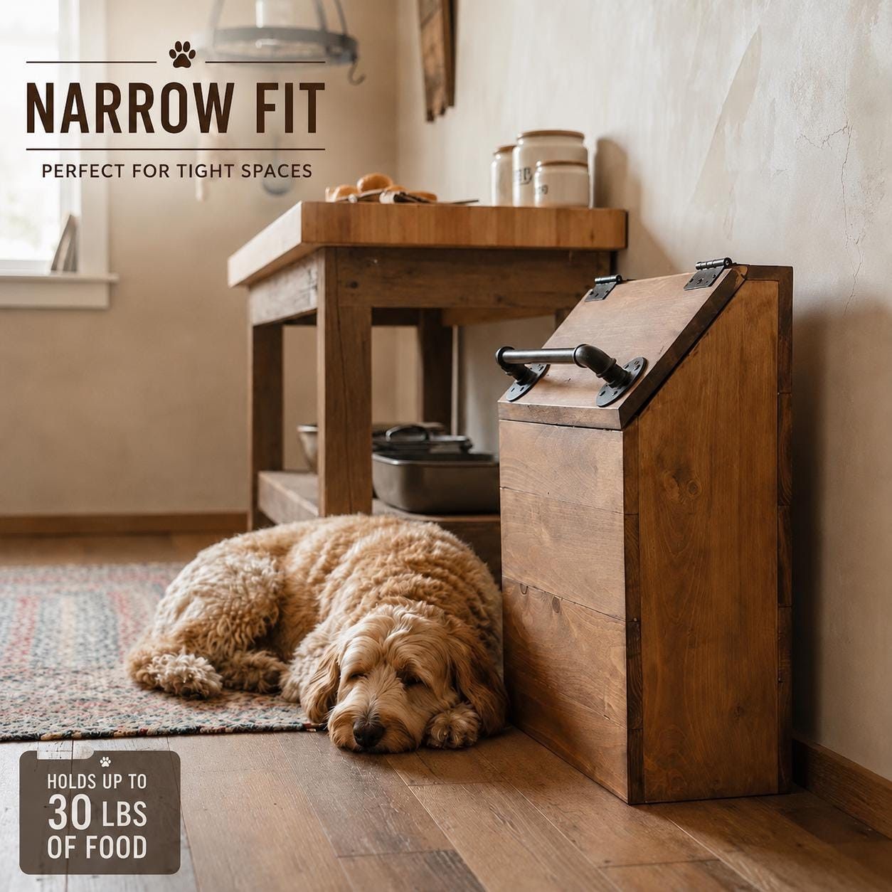 Narrow fit wooden dog food storage container.