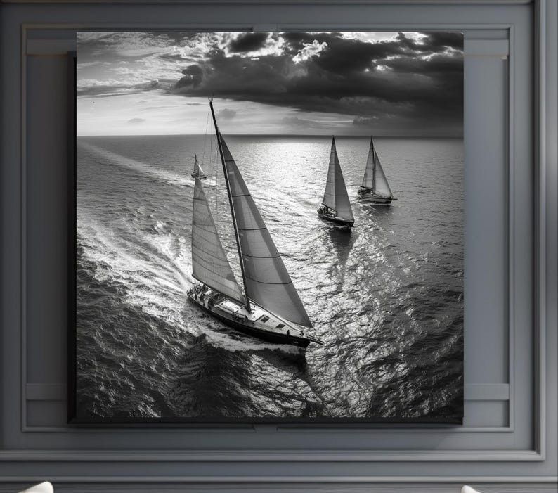 Sailing Yacht Photograph Black White Print Download Nautical Wall Art Ocean Racing Image Maritime Home Gift Men Boat Regatta Scene Digital