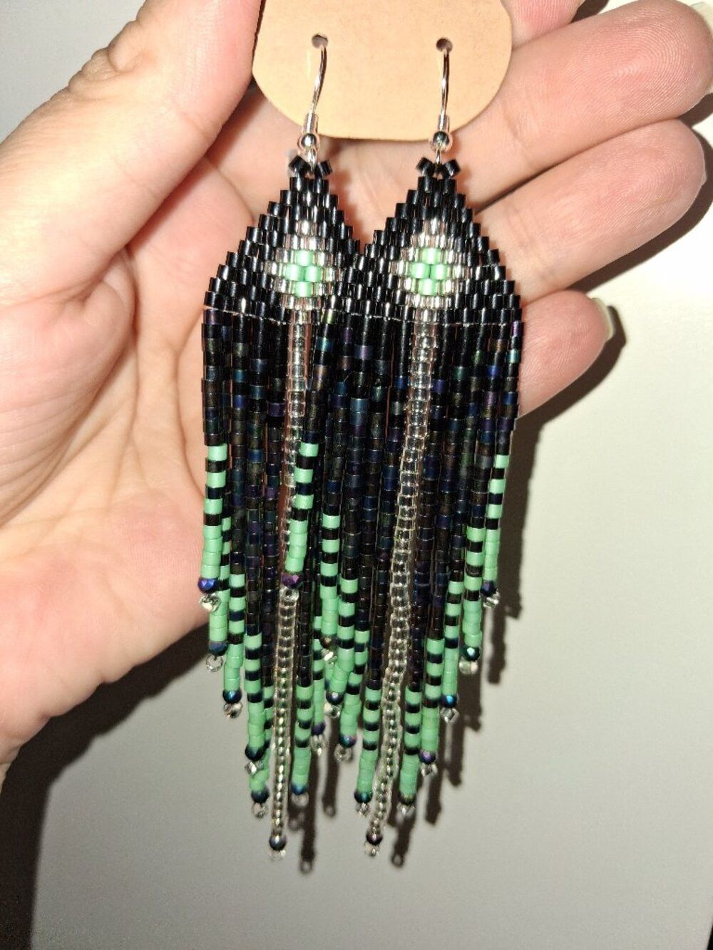 Handmade Iridescent Black Mint Beaded Fringe Earrings