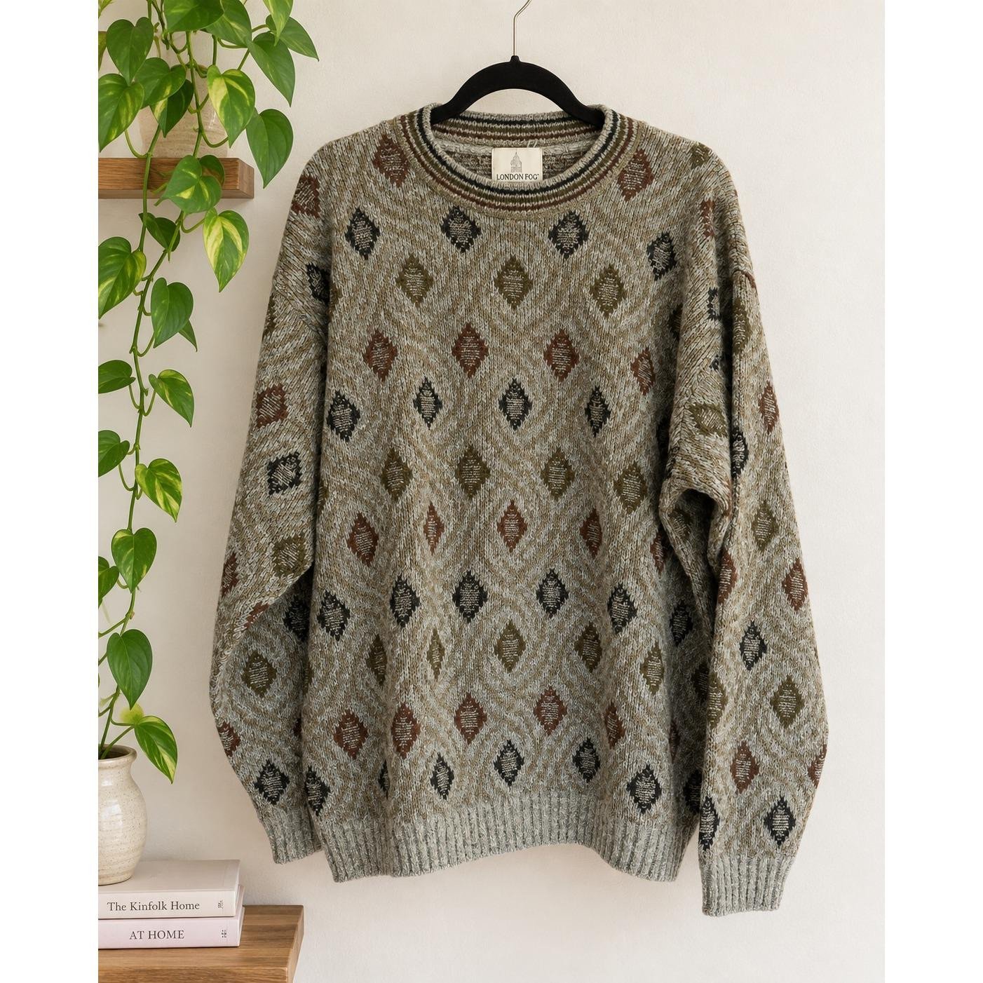 Vintage London Fog Men's Large Diamond Pattern Sweater 80s 90s Grandpacore Earth