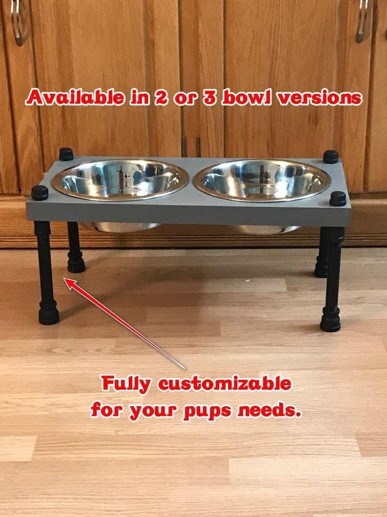 Floating raised dog bowl feeder with matching available backsplash – Retro elevated dog bowls – Industrial style dog bowl stand
