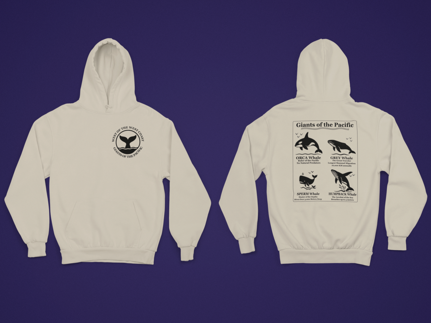 Whale Tail Hoodie: Giants of the Pacific - Orca, Humpback, Grey, Sperm