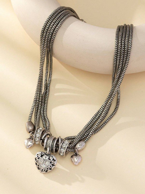 1pc Fashionable Vintage Style Distressed Texture Multi-Layered Chain Heart Pendant Layered Necklace For Women