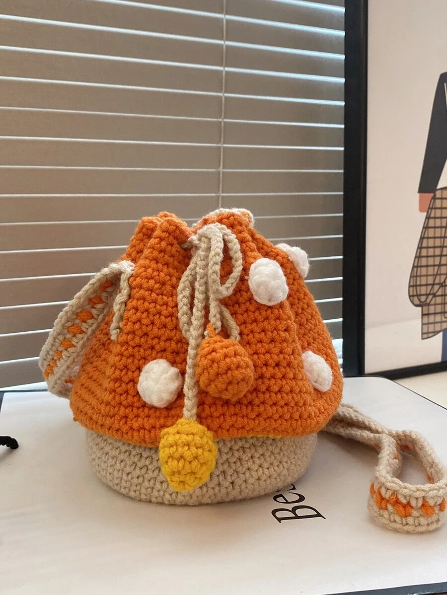Mini Pom Pom Decor Colorblock Crochet Bucket Bag