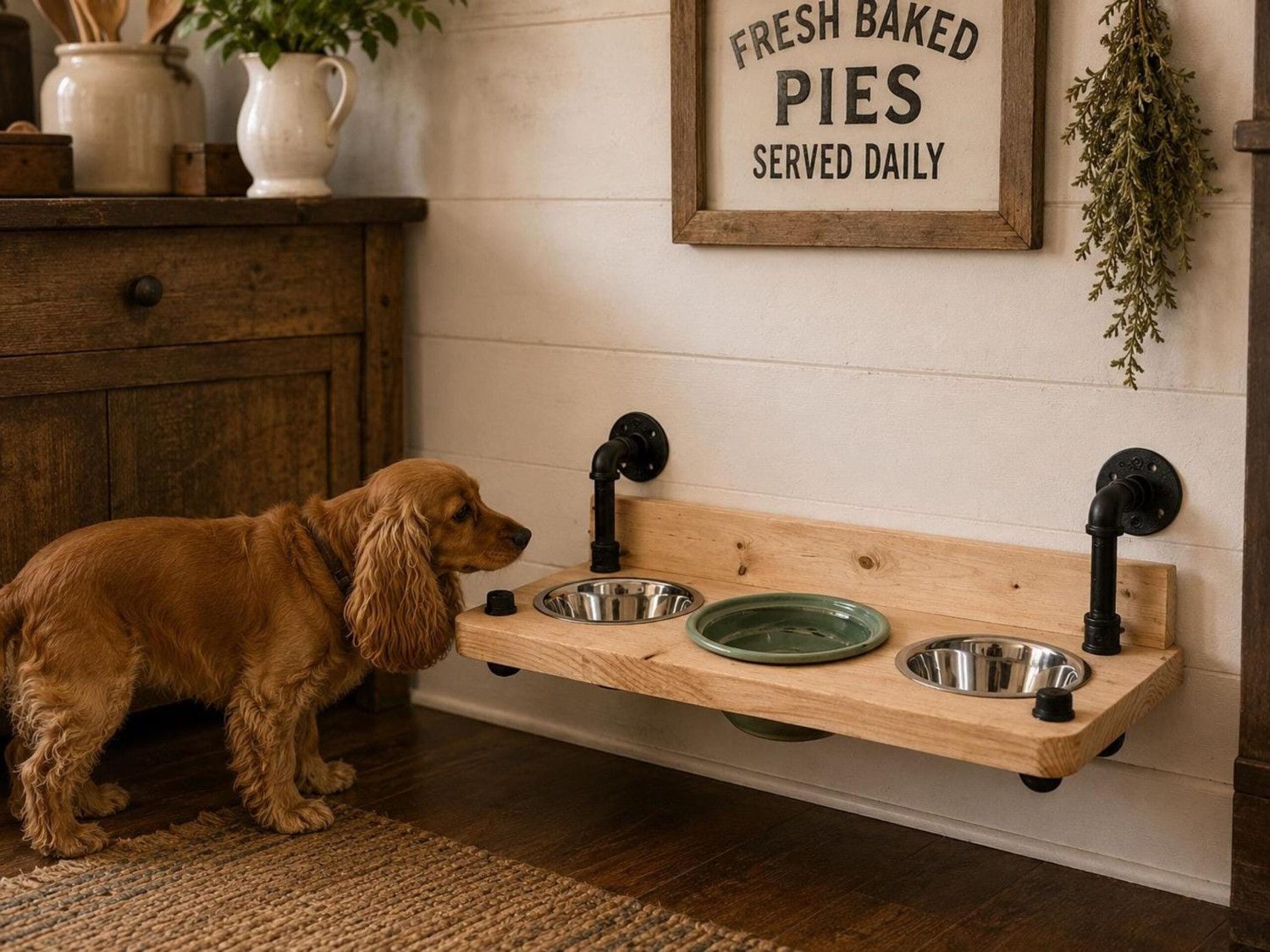 Floating steampunk style industrial style dog bowl feeder top mount-Free Personalization Included – Floating pet feeder