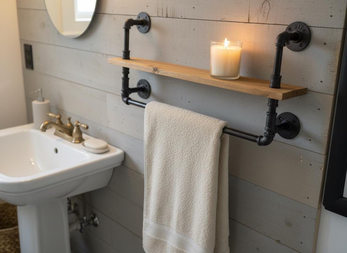 Industrial Towel Rack with Shelf – Rustic Industrial Style Bath Storage & Space-Saving Wall Mounted Organizer