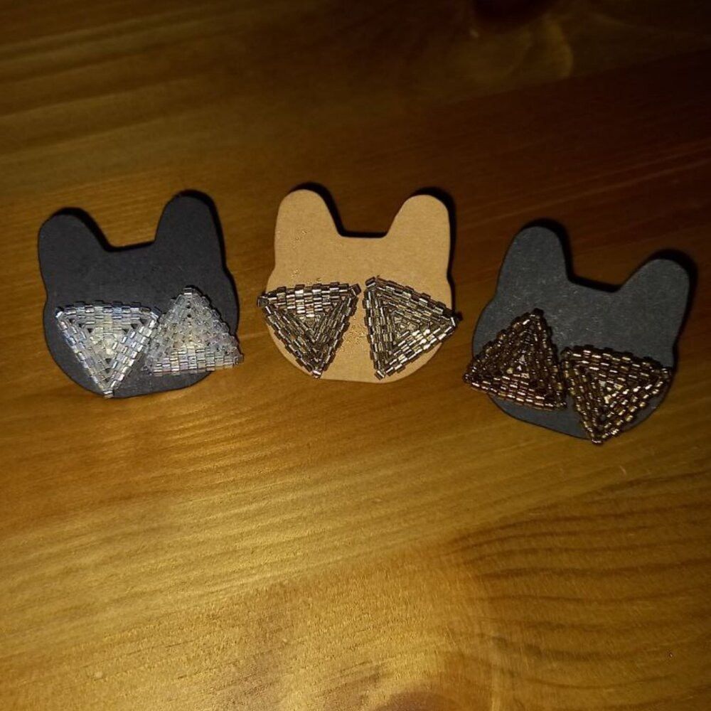 Set of 3 Geometric Beaded Triangle Stud Earrings - Stainless Steel Posts
