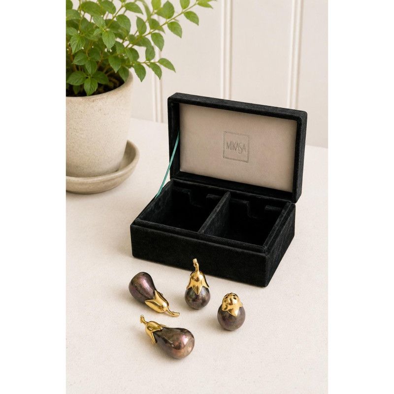 Vintage Silver Plated Eggplant Salt & Pepper Shakers Gold Tops Mikasa Box Set