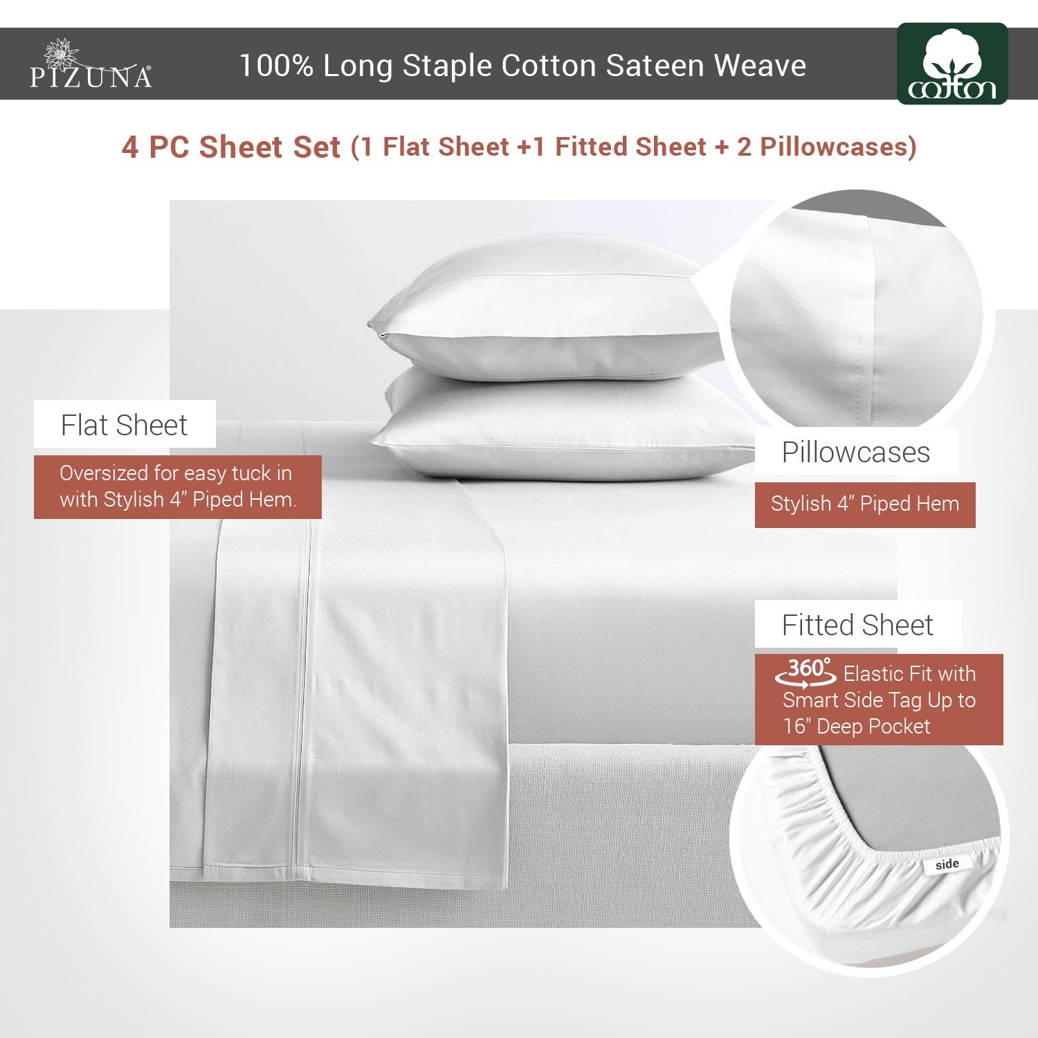 Pizuna 400 Thread Count 100% Pure Cotton Sheet Set 4 Pc-White-King