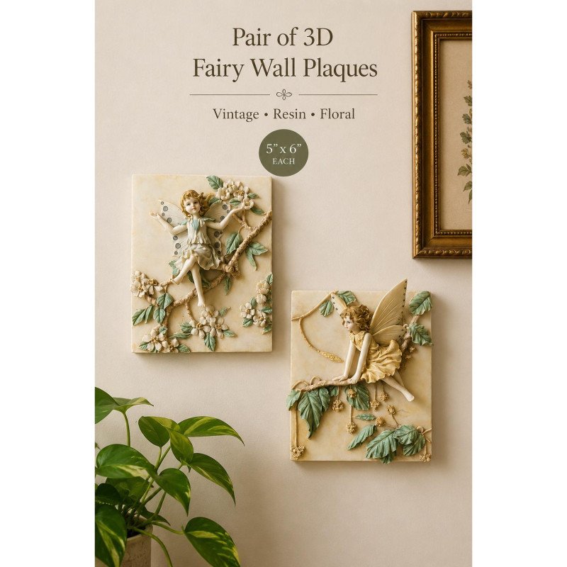 Vintage Victorian Treasures Fairy Wall Plaques Pair Pastel Floral Resin Decor