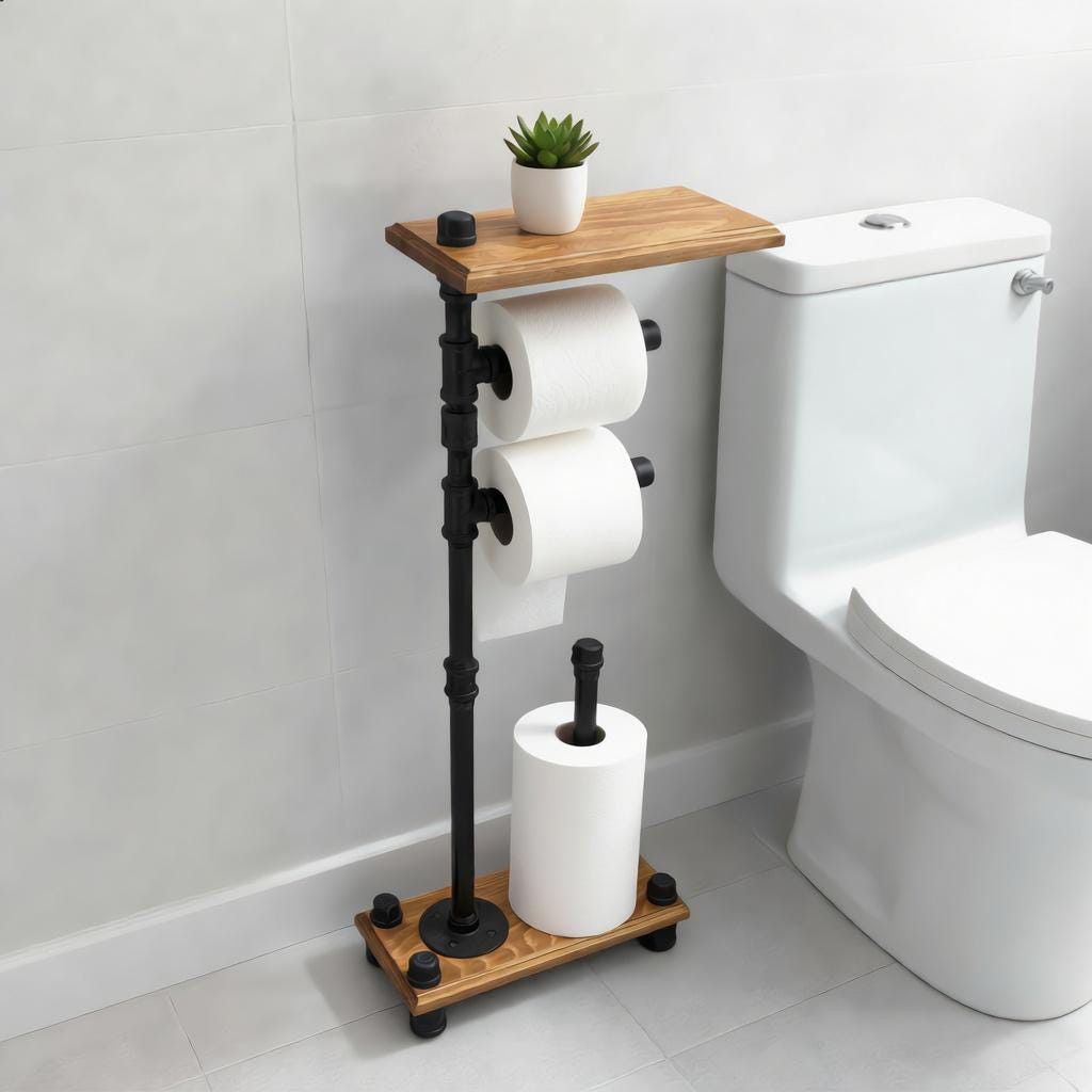 Industrial Toilet Paper Holder Stand: Rustic Bathroom Organizer with Storage Tray