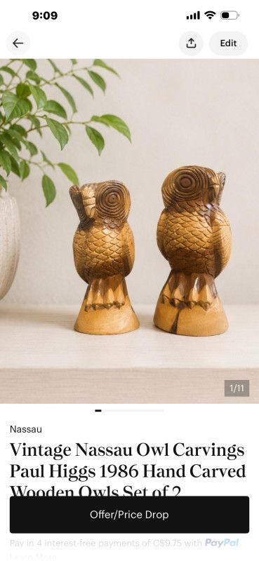 Vintage Nassau Owl Carvings Paul Higgs 1986 Hand Carved Wooden Owls Set of 2