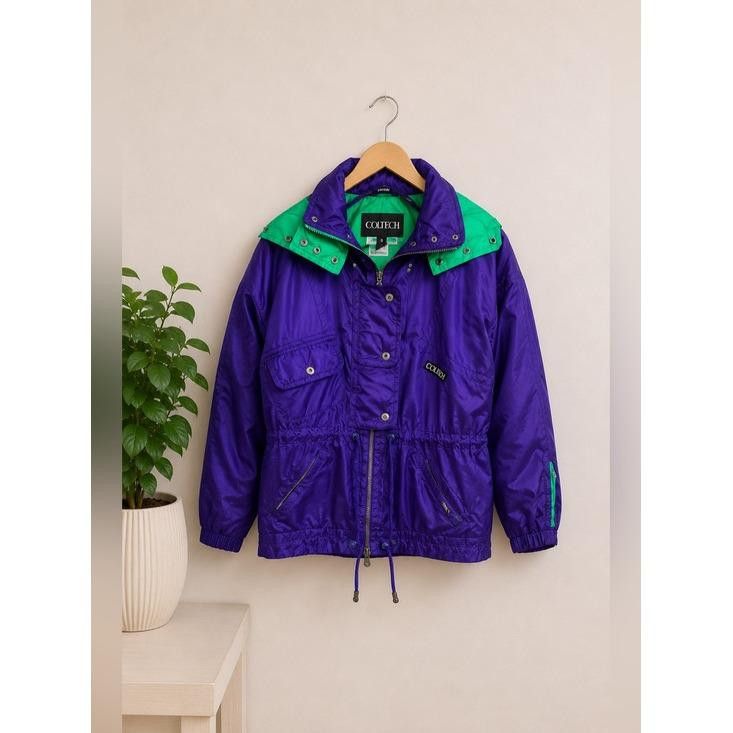 Vintage Coltech Purple Neon Green Ski Jacket Sz 8 Hooded Colorblock Winter Coat