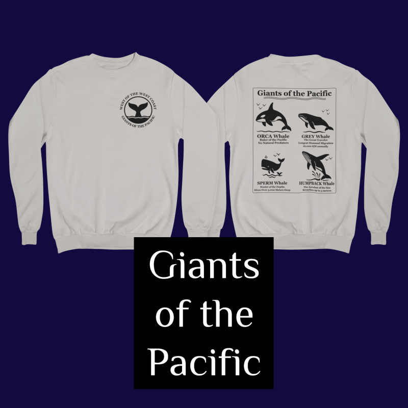 Giants of the Pacific Sweatshirt: Whale Tail Logo & Four Whale Design