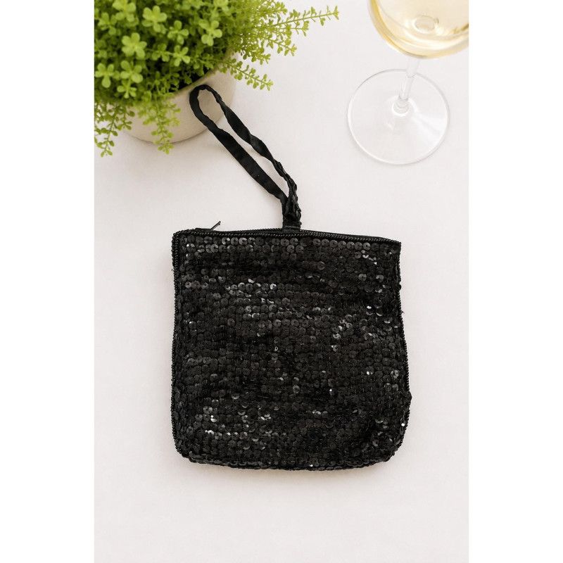 Vintage Black Sequined Wristlet Evening Bag Satin Cocktail Purse Prom Grad Shiny