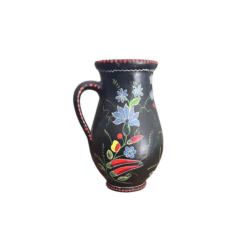 Vintage Hungarian Folk Art Ceramic Pitcher Black Floral Cottagecore Vase Bold