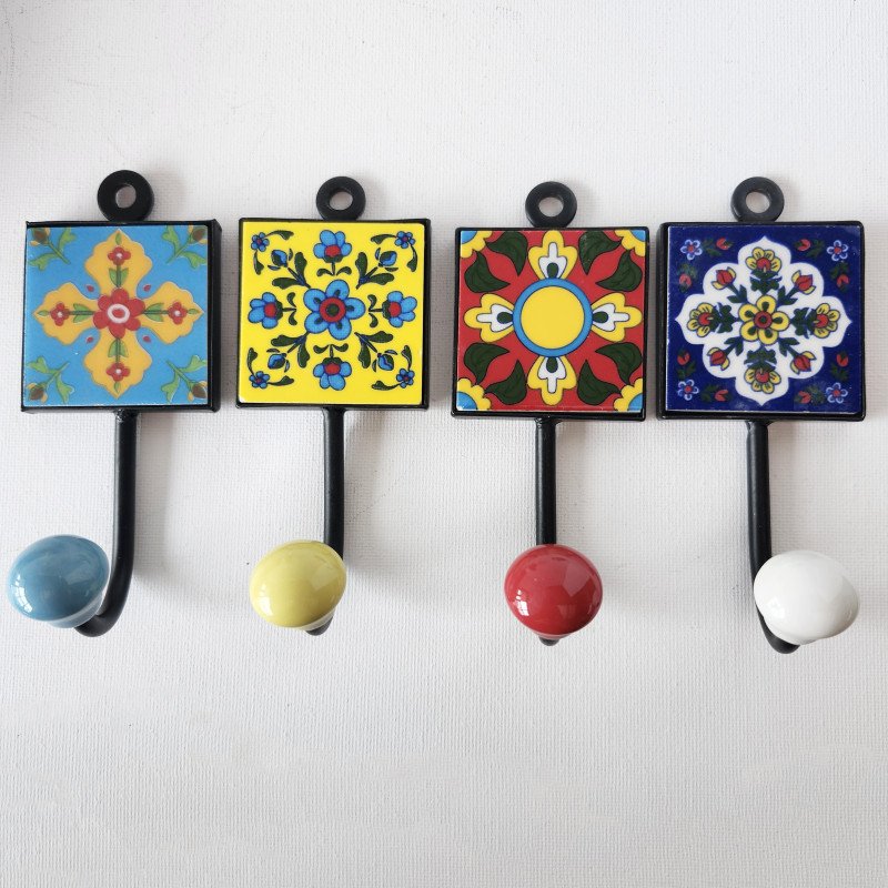 4 Mediterranean design coat hooks-cup hooks-towel hooks-hand painted home decor wall hooks for kitchen, bedroom, bathroom. 2 by 4.5 inches.