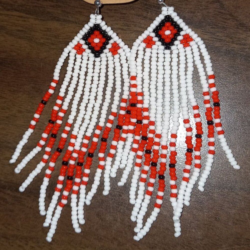 [MADE TO ORDER] Ukrainian Ethnic Beaded Fringe Earrings - Red, White & Black Vyshyvanka Style