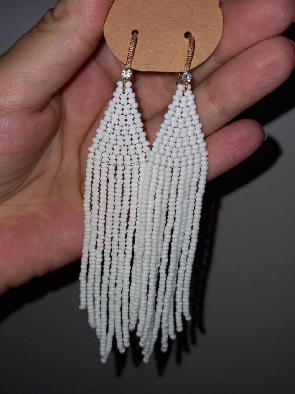 Long White Beaded Fringe Earrings - 11.5cm 18K Gold Plated CZ Bridal Statement Jewelry