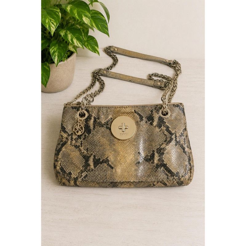 Vintage DKNY Gold Snakeskin Embossed Leather Crossbody Convertible Chain Purse