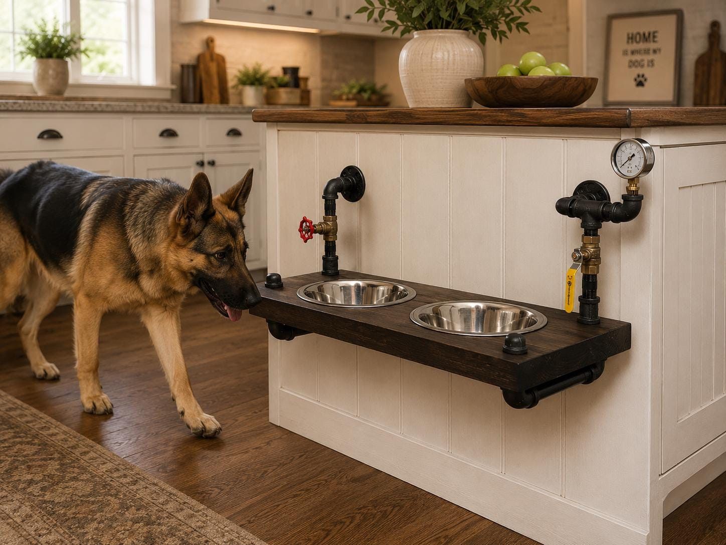 Unique floating steampunk dog bowl stand with bottom mount gauge – Floating Feeder – Floating steampunk feeder