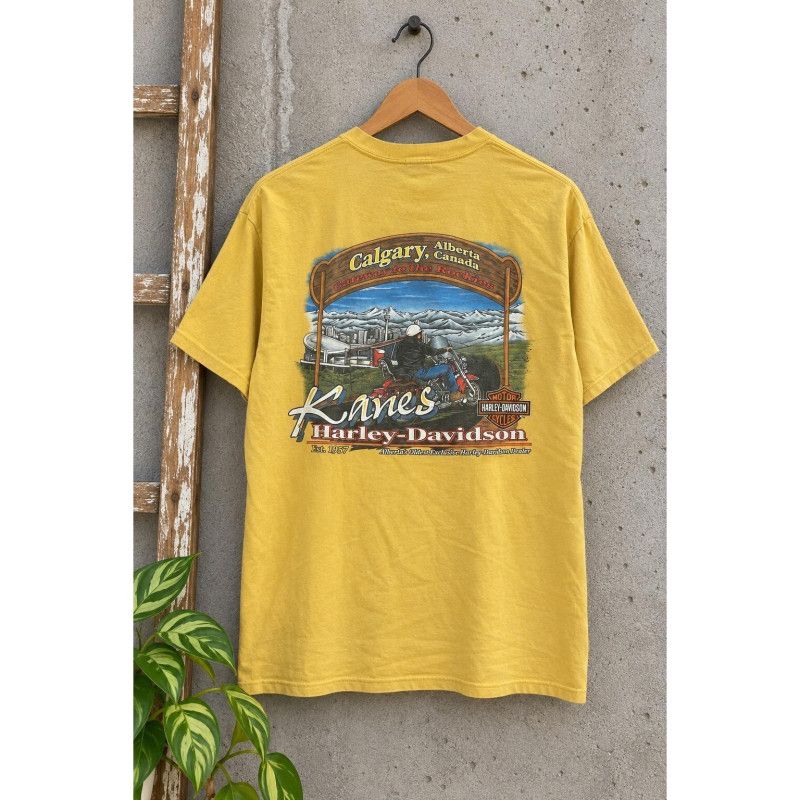 Vintage 2004 Harley-Davidson Calgary Alberta Kanes T-Shirt Yellow Mens L Biker
