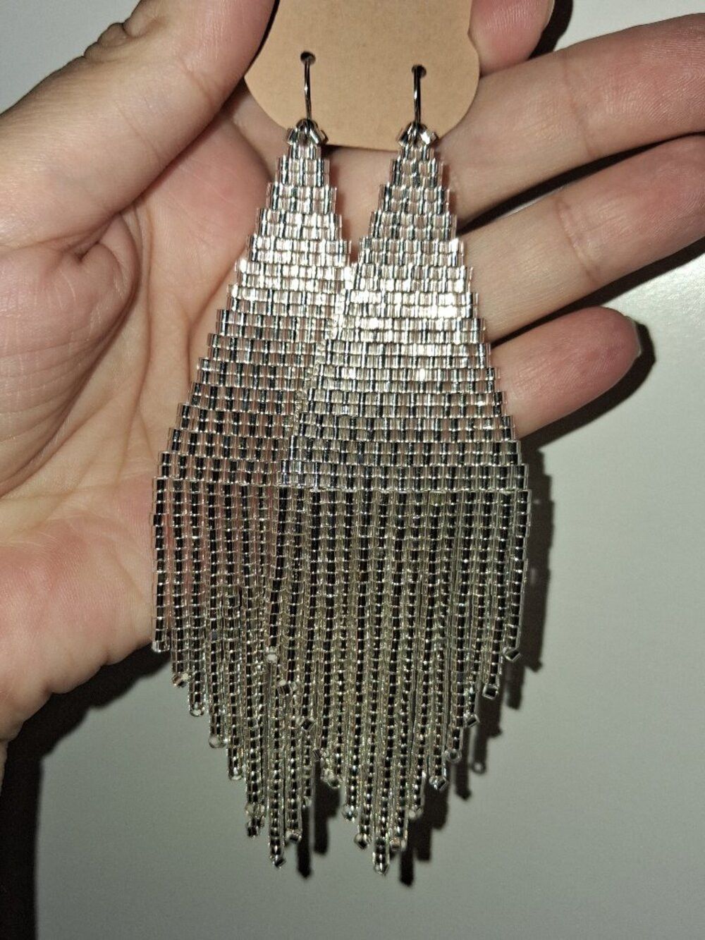 Long Liquid Silver Metallic Beaded Fringe Earrings - Handmade Statement